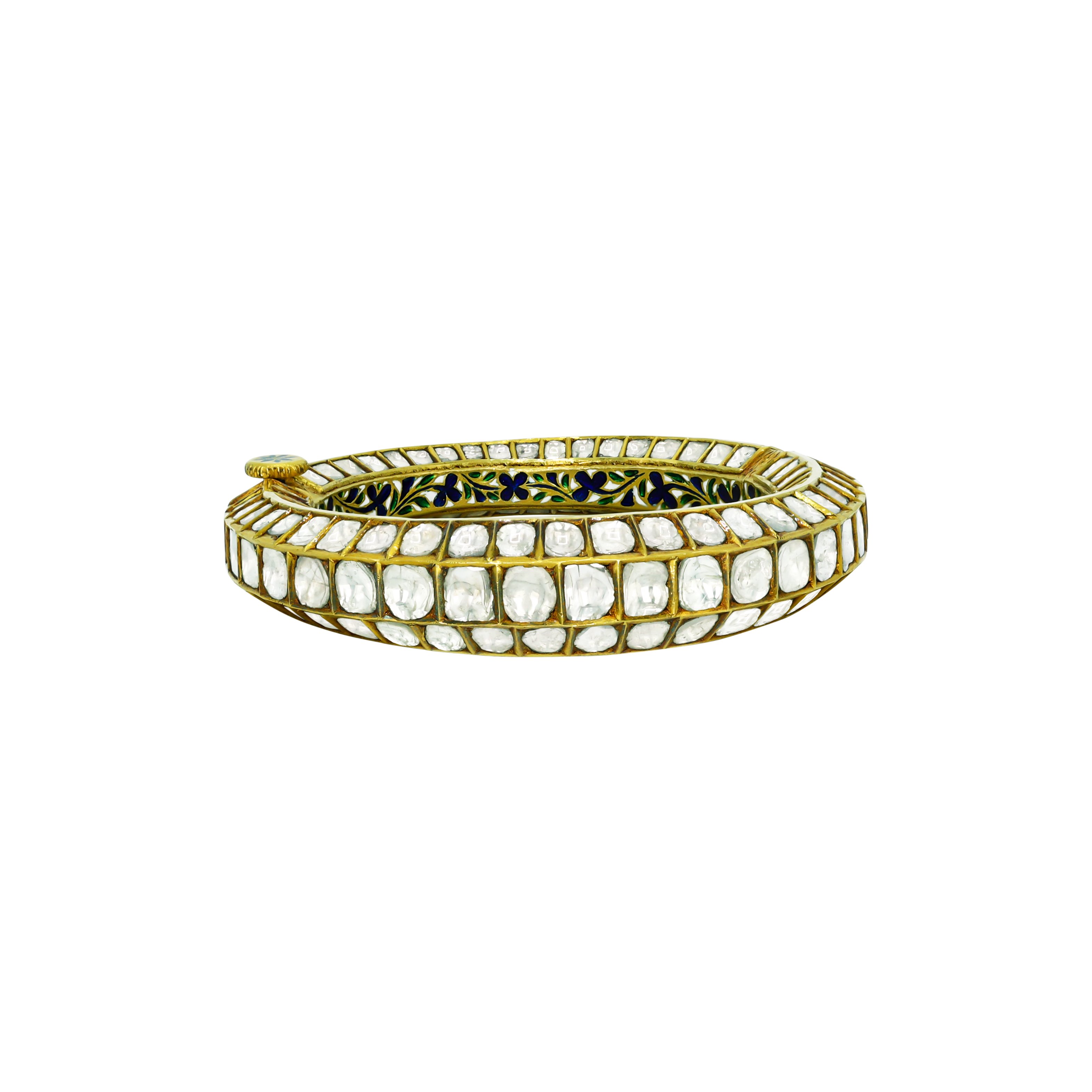 Triple-Row Polki Bangle with Blue Floral Enamel Detail